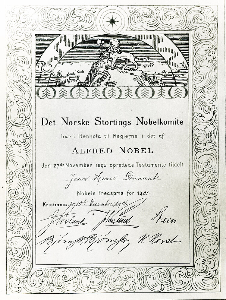 Urkunde des Friedensnobelpreises für Henry Dunant